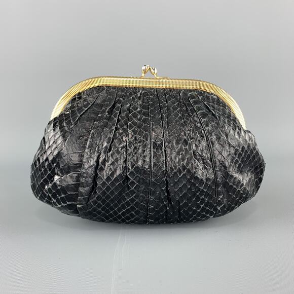 JUDITH LEIBER Ruched Black Snake Skin Evening Clutch Handbag - Picture 1 of 7
